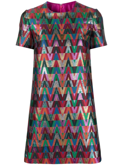 Valentino Metallic V Motif Shift Mini Dress In Multicolor