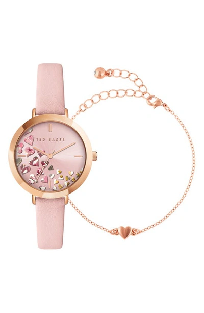 Ted Baker London Ammy Hearts Leather Strap Watch & Bracelet Set, 34mm In Pink