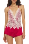 Flora Nikrooz Genevive Embroidered Lace Charmeuse Sleep Romper In Red
