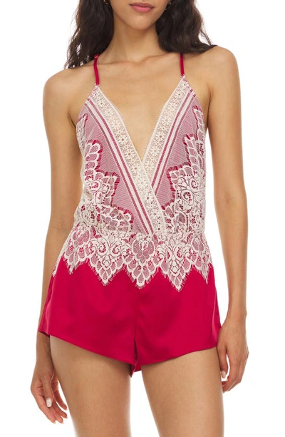 Flora Nikrooz Genevive Embroidered Lace Charmeuse Sleep Romper In Red