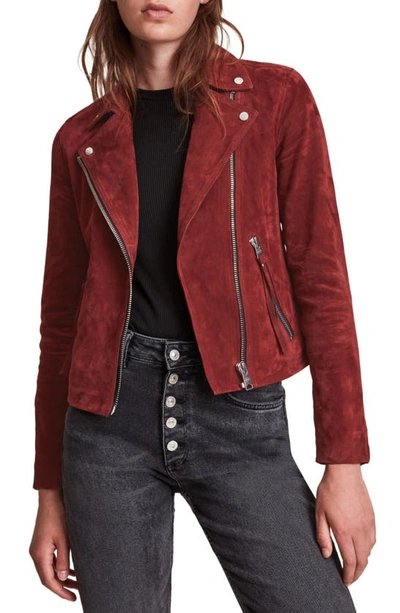 Allsaints Dalby Suede Biker Jacket In Cherry Oak Red