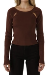 Endless Rose Double Cutout Long Sleeve Knit Top In Brown