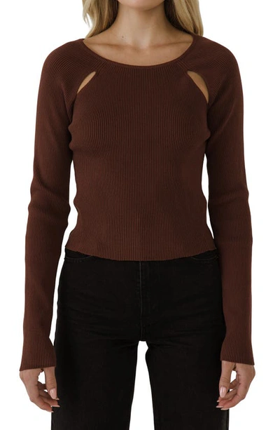 Endless Rose Double Cutout Long Sleeve Knit Top In Brown