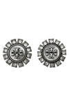 Tory Burch Women's Kira Silvertone, Mother-of-pearl & Crystal Logo Stud Earrings In Antique Pewter / Mop / Crystal
