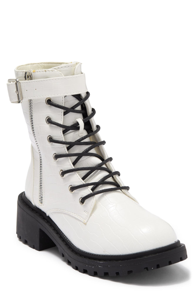 Nicole Miller Croc Embossed Lug Sole Combat Boot In White Croco