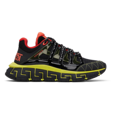 Versace Trigreca Panelled Cut-out Sneakers In Black,red,yellow