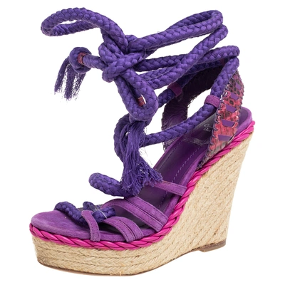 Pre-owned Dior Purple Suede And Python Leather Espadrille Wedge Ankle Wrap Sandals Size 36