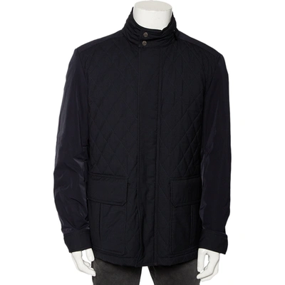 Pre-owned Ermenegildo Zegna Navy Blue Wool Quilted Concealed Hood Detail Jacket Xxl