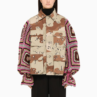 Tu Lizé Beige Camouflage Jacket With Crochet Sleeves In ["beige"/ "multicolor"/ "print"]