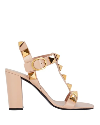 Valentino Garavani Pink Roman Stud 90 Leather Sandals In Gold