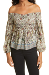 NICOLE MILLER MIXED PRINT OFF THE SHOULDER GEORGETTE BLOUSE