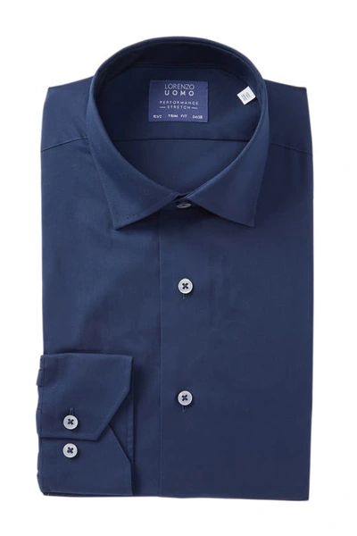 Lorenzo Uomo Travel Cotton Stretch Trim Fit Dress Shirt In Navy