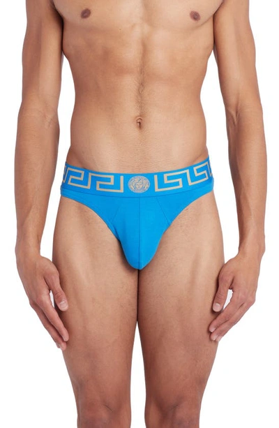 Versace First Line Logo Stretch Cotton Thong In Teal