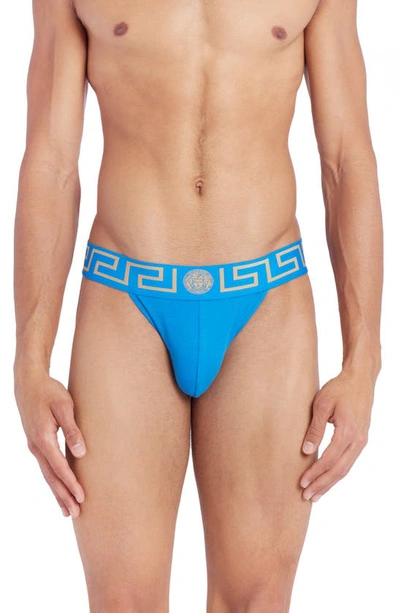 Versace First Line Greca Border Jock Strap In Teal