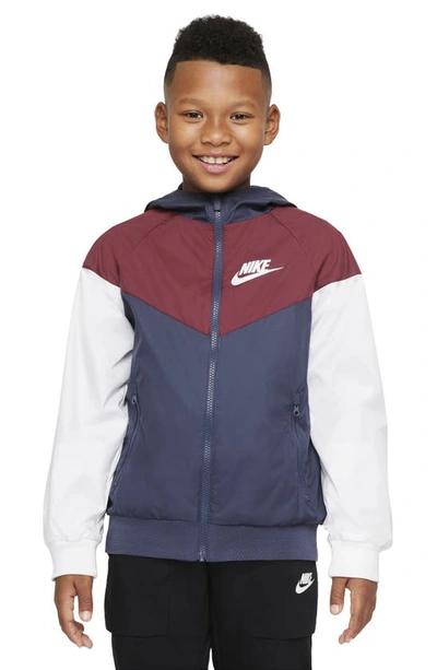 Nike Kids' Windrunner Water Resistant Hooded Jacket In Blue/ Dark Beetroot/ White