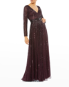 Mac Duggal Vertical Sequin Long-sleeve V-neck Gown In Mulberry