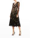 Mac Duggal Embroidered Wrap Over Illusion Sleeve Midi Dress In Black Multi