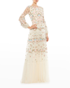 Mac Duggal Embroidered High Neck Illusion Sleeve Tiered Gown In Ivory