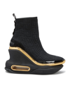 Balmain Bbold Knit Monogram Metallic Wedge Sneakers In Noir