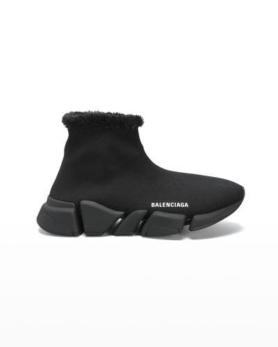 Balenciaga Speed 2.0 Lt Faux Fur And Recycled Knit Sneakers In Black
