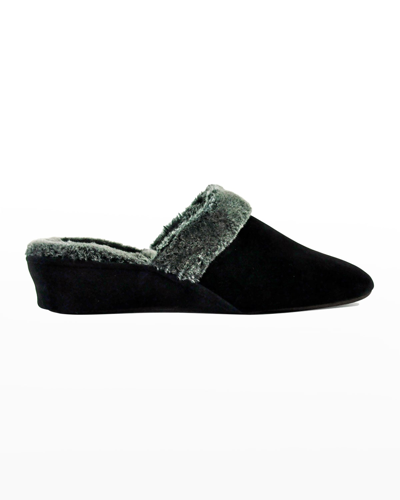 Jacques Levine Suede & Faux Shearling Slippers In Black