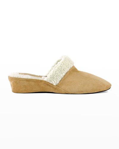 Jacques Levine Suede & Faux Shearling Slippers In Camel