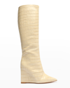 Schutz Asya Up Croc-print Wedge Tall Boots In Egg Shell