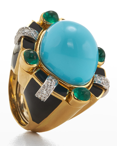 David Webb Turquoise, Emerald And Diamond Ring