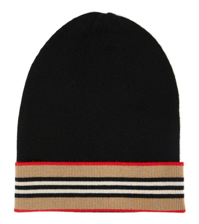 Burberry Kids Wool Icon Stripe Beanie Hat In Black
