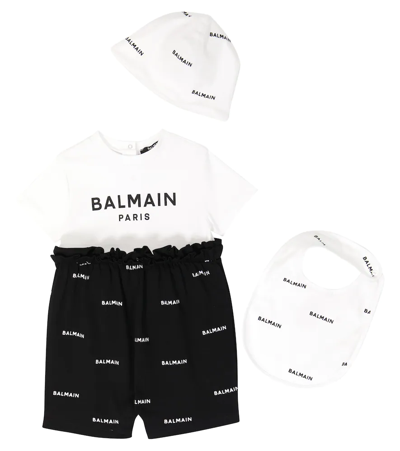 Balmain Baby棉质连身衣、帽子与围兜套装 In White