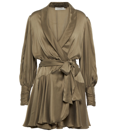 Zimmermann Ruffled Silk-satin Wrap Mini Dress In Khaki