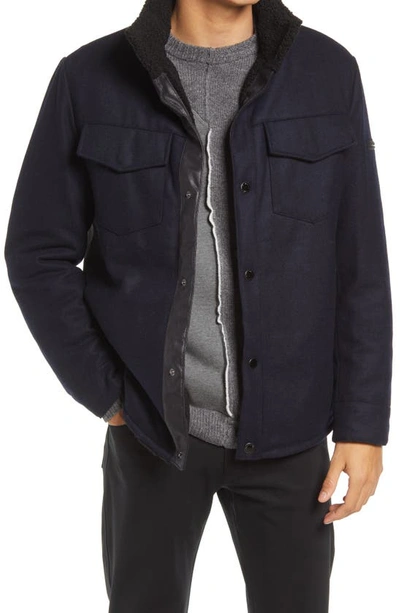Karl Lagerfeld Fleece Lined Wool Blend Shirt Jacket In Navy