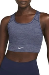 Nike Dri-fit Swoosh Padded Longline Sports Bra In Navy/ Heather/ White