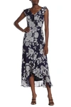 London Times Ruffle Wrap Maxi Dress In Navy/white