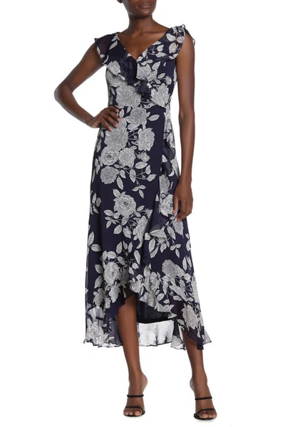 London Times Ruffle Wrap Maxi Dress In Navy/white
