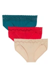Natori Bliss Perfection 3-pack Bikini Briefs In Stormy Teal / Chili / Cafe