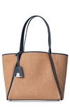 Akris Medium Alex Leather-trimmed Raffia Tote In Camel/ Marine