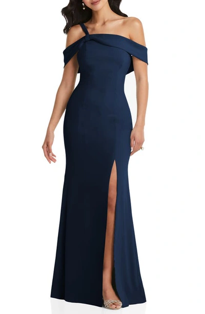 After Six Off-the-shoulder Draped Cuff Maxi Dress With Front Slit In Blue