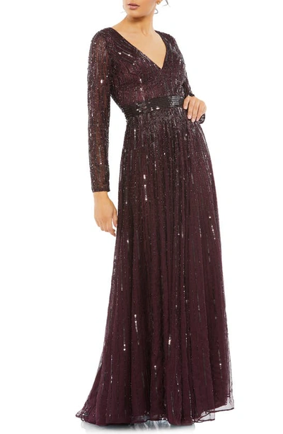 Mac Duggal Sequin & Bead Stripe Long Sleeve Mesh Gown In Mulberry