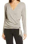 Loveappella Long Sleeve Faux Wrap Top In Natural
