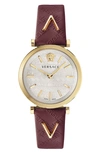 Versace V Twist Leather Strap Watch, 36mm In Burgundy/ Silver/ Gold