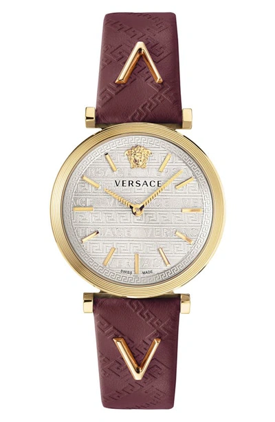 Versace V Twist Leather Strap Watch, 36mm In Burgundy/ Silver/ Gold