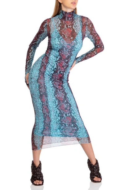 Afrm Shailene Long Sleeve Mesh Midi Dress In Port/ Blue Snake