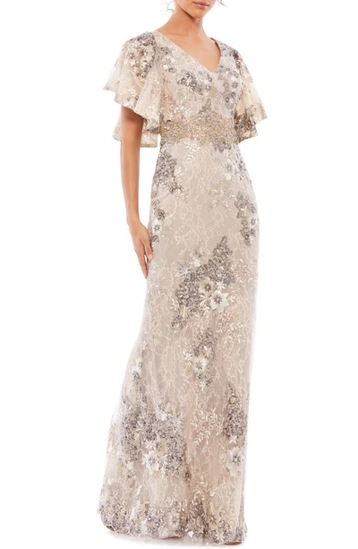 Mac Duggal Flutter Sleeve Embellished Lace Trumpet Gown In Taupe