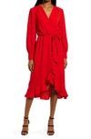 FRAICHE BY J FAUX WRAP RUFFLE LONG SLEEVE DRESS,FD 4046