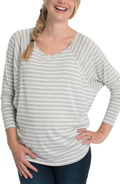 Bun Maternity Softie Stripe Long Sleeve Nursing Top In Grey And White Stripe