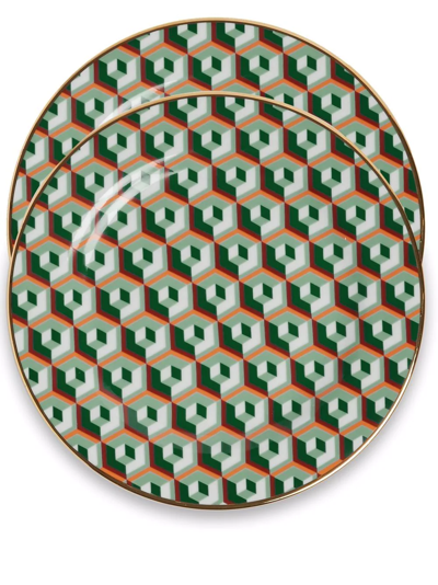 La Doublej Abstract Dessert Plates (set Of Two) In Cubi Verde