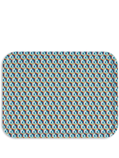 La Doublej Geometric-print Rectangular Tray In Cubic Blue