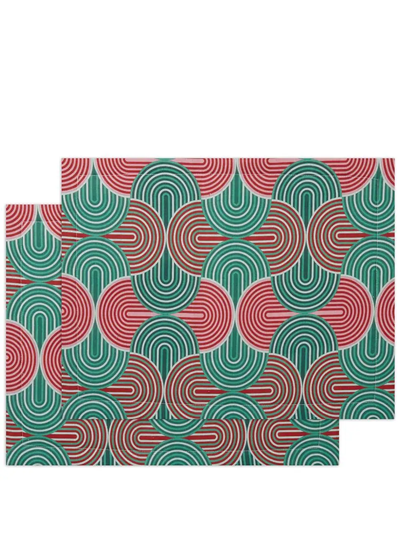 La Doublej Set Of 2 Geometric-print Table Mats In Green