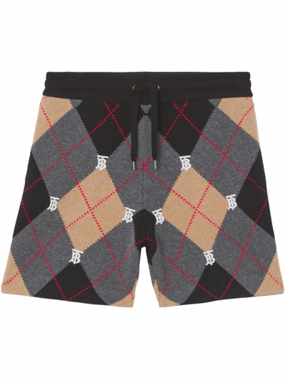 Burberry Monogram-motif Argyle Intarsia Track Shorts In 褐色